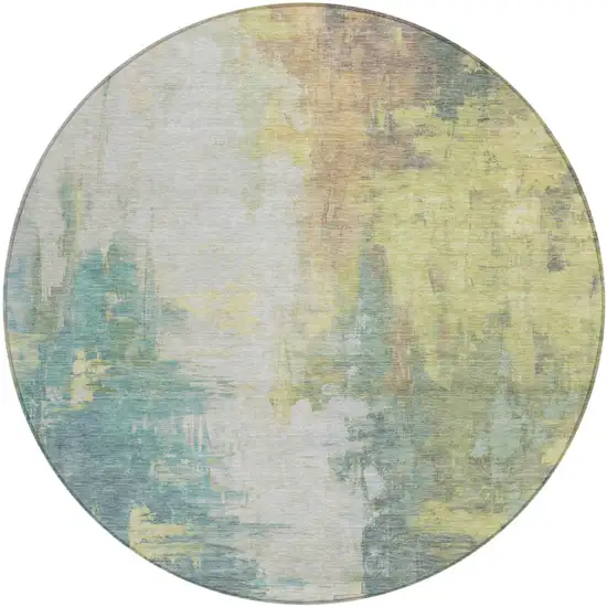 8' Pale Aqua And Ivory Round Abstract Washable Indoor Outdoor Area Rug Photo 1