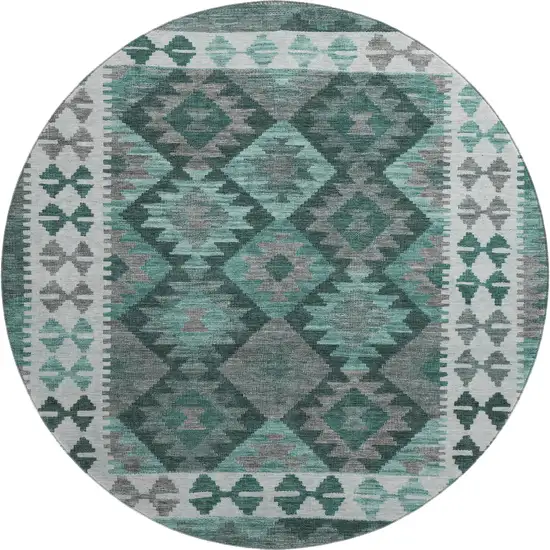 8' Pale Aqua And Ivory Tribal Washable Round Rug With UV Protection Photo 1