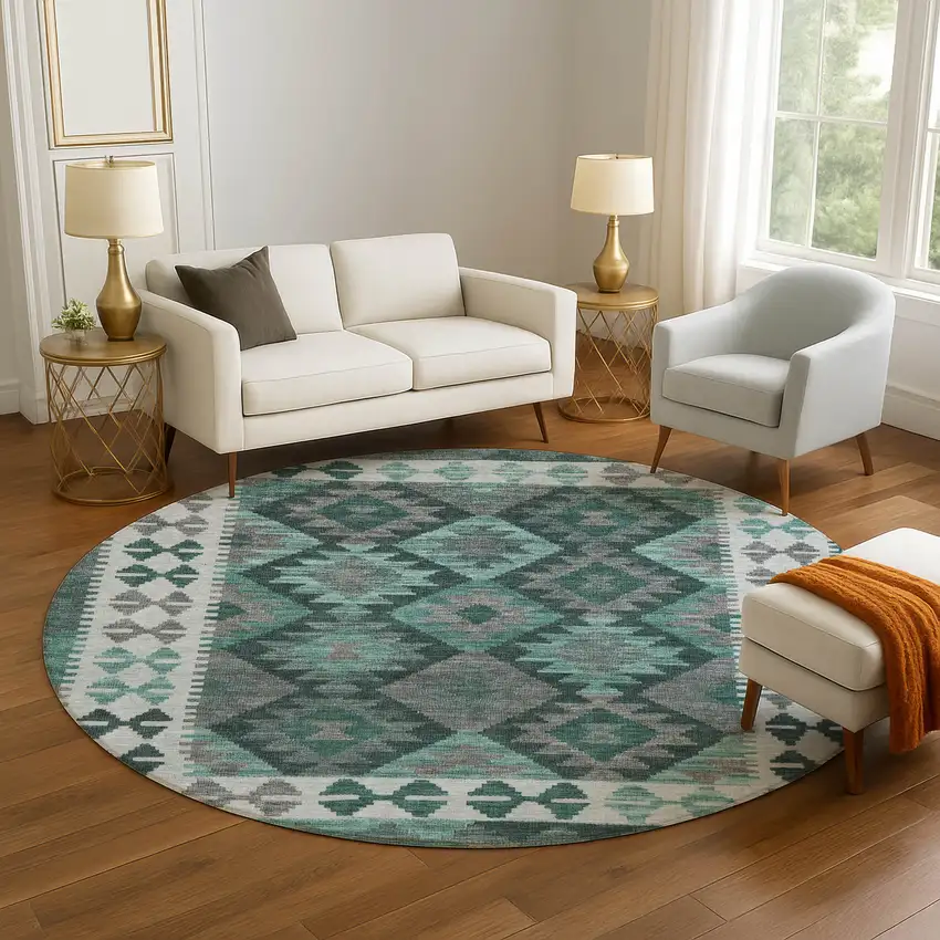 8' Pale Aqua And Ivory Tribal Washable Round Rug With UV Protection Photo 5