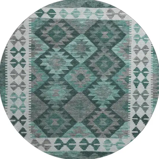 8' Pale Aqua And Ivory Tribal Washable Round Rug With UV Protection Photo 4