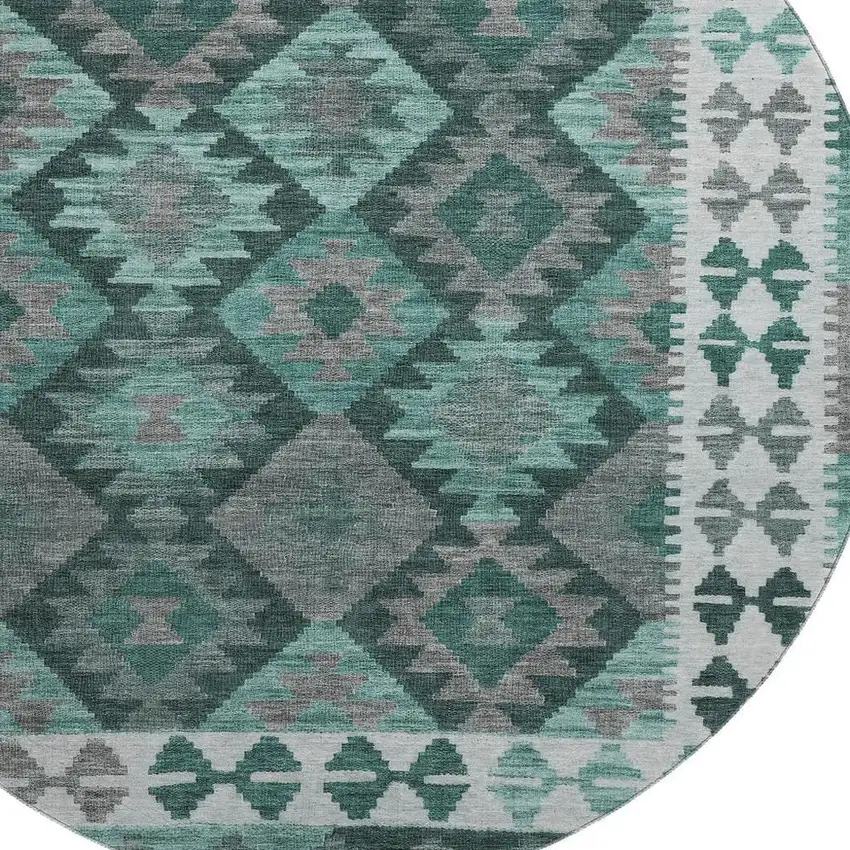 8' Pale Aqua And Ivory Tribal Washable Round Rug With UV Protection Photo 3