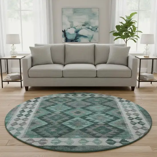8' Pale Aqua And Ivory Tribal Washable Round Rug With UV Protection Photo 2