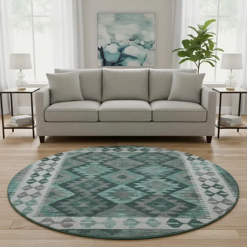 8' Pale Aqua And Ivory Tribal Washable Round Rug With UV Protection Photo 2