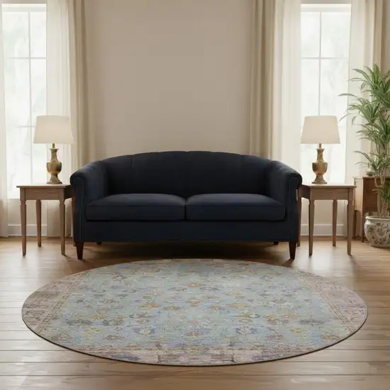 8' Pale Aqua And Lavender Oriental Washable Round Rug With UV Protection Photo 2