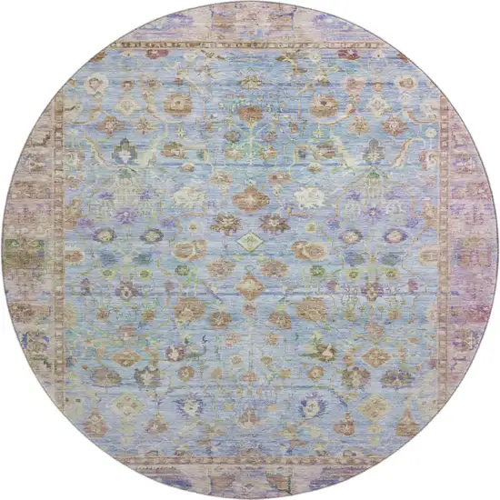8' Pale Aqua And Lavender Oriental Washable Round Rug With UV Protection Photo 1