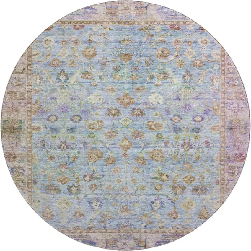 8' Pale Aqua And Lavender Oriental Washable Round Rug With UV Protection Photo 1