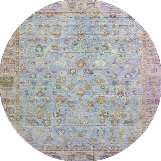 8' Pale Aqua And Lavender Oriental Washable Round Rug With UV Protection Photo 3
