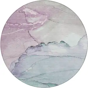 Photo of 8' Pale Aqua And Lavender Round Abstract Washable Indoor Outdoor Area Rug