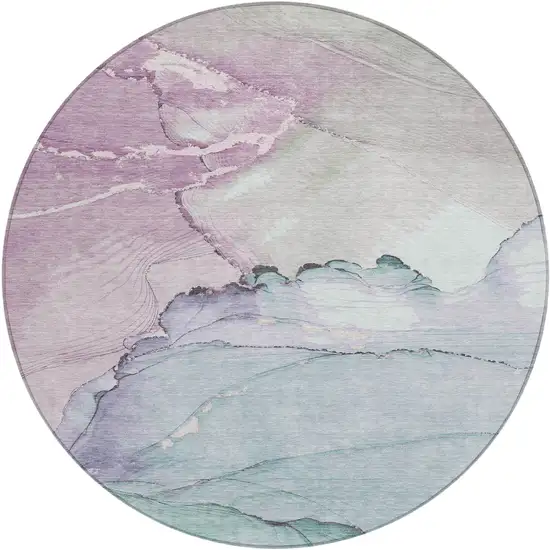 8' Pale Aqua And Lavender Round Abstract Washable Indoor Outdoor Area Rug Photo 1