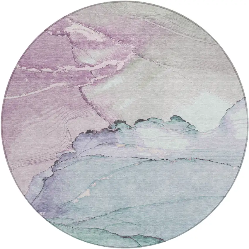 8' Pale Aqua And Lavender Round Abstract Washable Indoor Outdoor Area Rug Photo 1