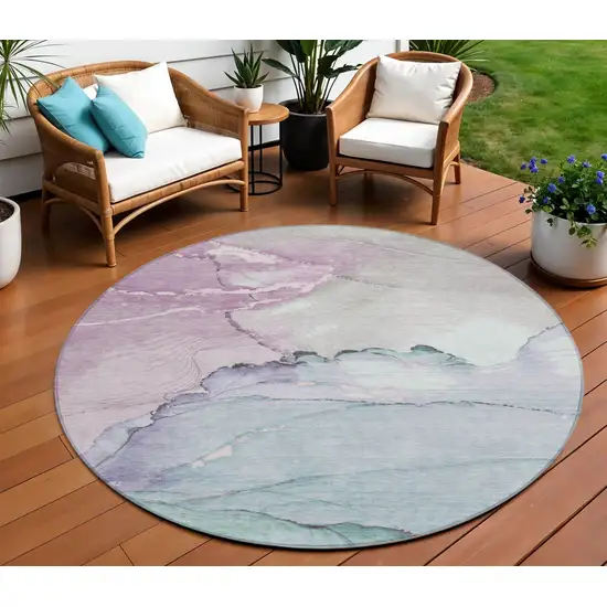 8' Pale Aqua And Lavender Round Abstract Washable Indoor Outdoor Area Rug Photo 2