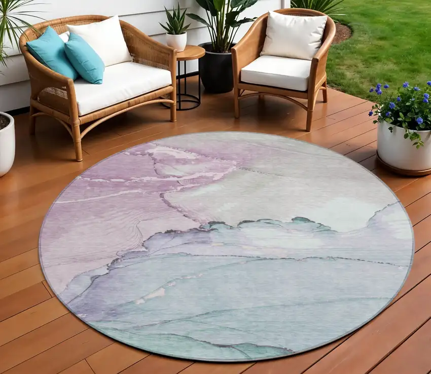 8' Pale Aqua And Lavender Round Abstract Washable Indoor Outdoor Area Rug Photo 2