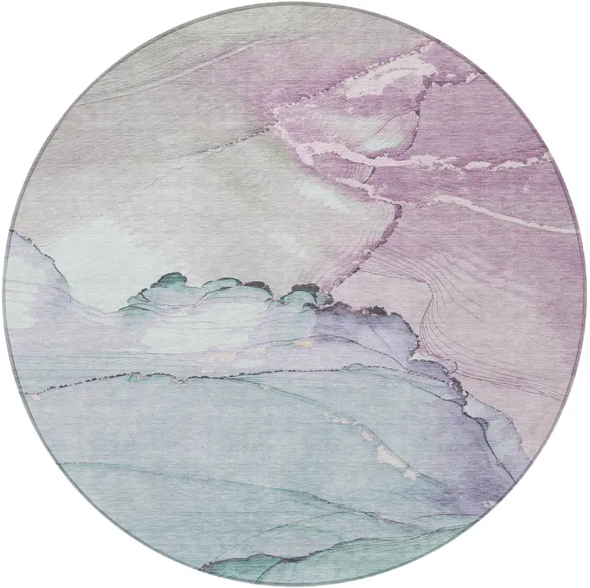 8' Pale Aqua And Lavender Round Abstract Washable Indoor Outdoor Area Rug Photo 3