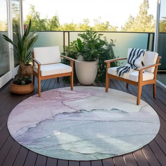 8' Pale Aqua And Lavender Round Abstract Washable Indoor Outdoor Area Rug Photo 5