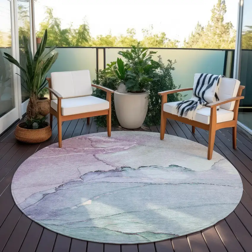 8' Pale Aqua And Lavender Round Abstract Washable Indoor Outdoor Area Rug Photo 5