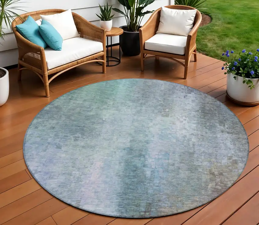 8' Pale Aqua And Lavender Round Abstract Washable Indoor Outdoor Area Rug Photo 1