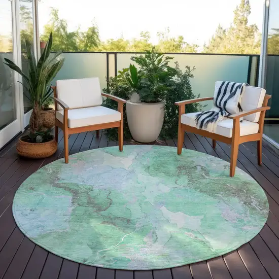 8' Pale Aqua And Mint Green Round Abstract Washable Indoor Outdoor Area Rug Photo 5