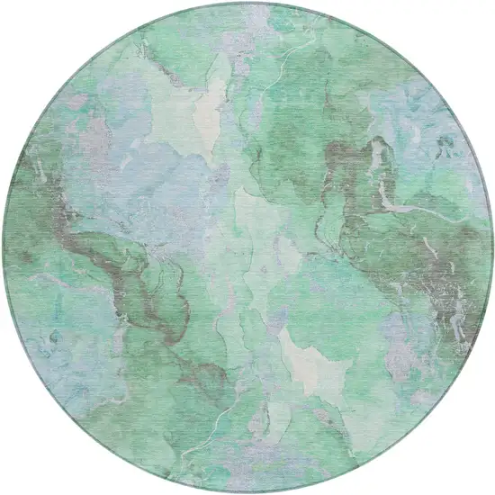 8' Pale Aqua And Mint Green Round Abstract Washable Indoor Outdoor Area Rug Photo 1
