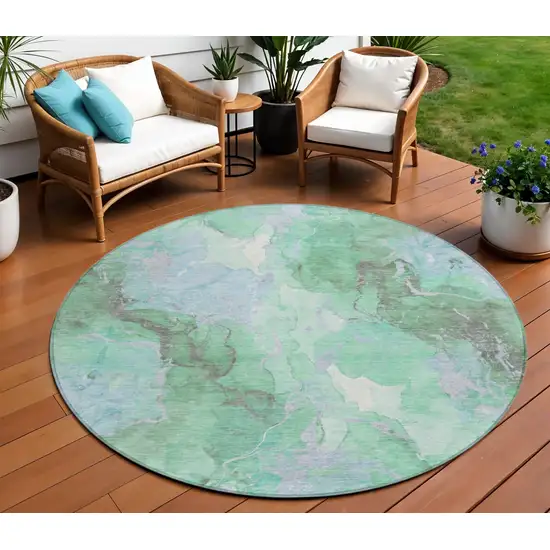 8' Pale Aqua And Mint Green Round Abstract Washable Indoor Outdoor Area Rug Photo 2