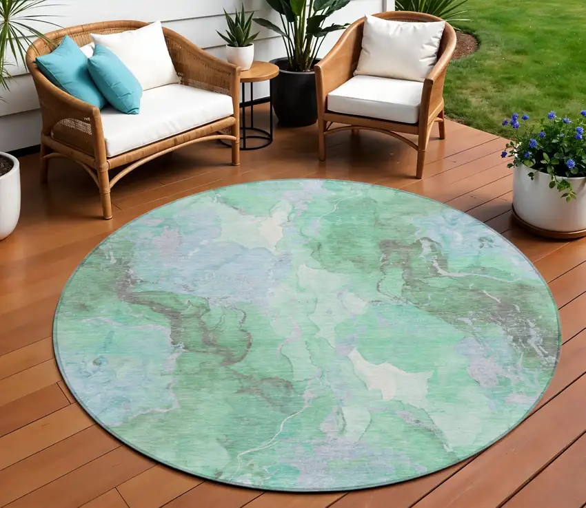 8' Pale Aqua And Mint Green Round Abstract Washable Indoor Outdoor Area Rug Photo 2