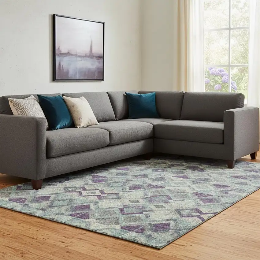 8' Pale Aqua And Purple Geometric Washable Area Rug With UV Protection Photo 2