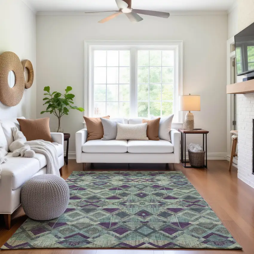 8' Pale Aqua And Purple Geometric Washable Area Rug With UV Protection Photo 5