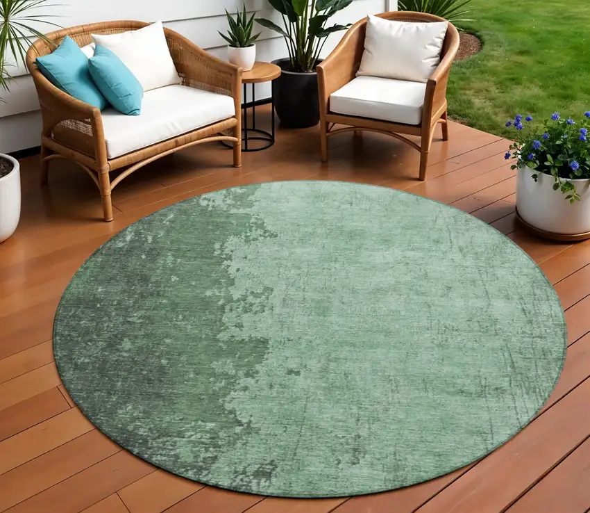 8' Pale Aqua And Sage Round Abstract Washable Indoor Outdoor Area Rug Photo 2
