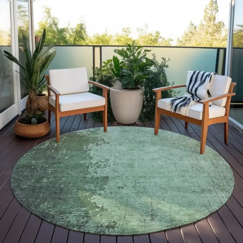 8' Pale Aqua And Sage Round Abstract Washable Indoor Outdoor Area Rug Photo 5