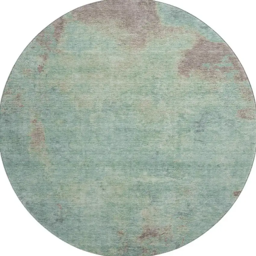 8' Pale Aqua And Taupe Abstract Washable Round Rug With UV Protection Photo 3