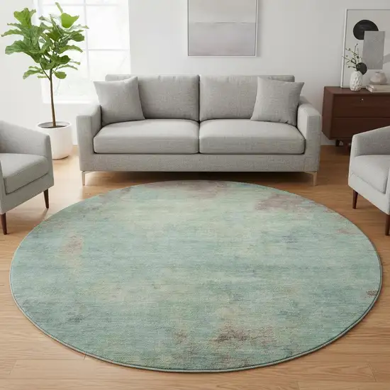 8' Pale Aqua And Taupe Abstract Washable Round Rug With UV Protection Photo 2