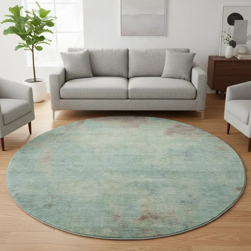8' Pale Aqua And Taupe Abstract Washable Round Rug With UV Protection Photo 2