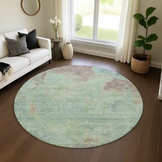 8' Pale Aqua And Taupe Abstract Washable Round Rug With UV Protection Photo 4