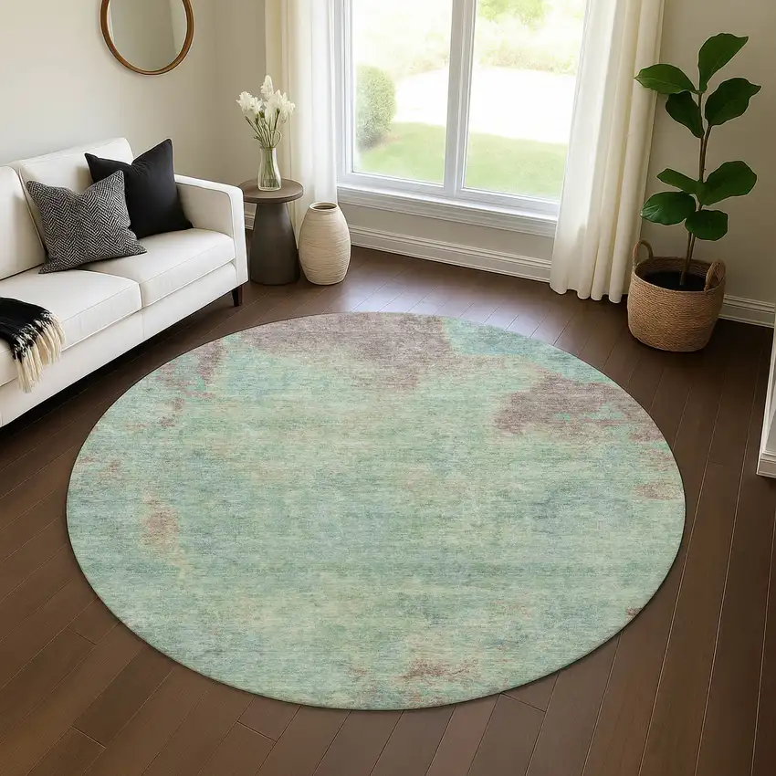 8' Pale Aqua And Taupe Abstract Washable Round Rug With UV Protection Photo 4
