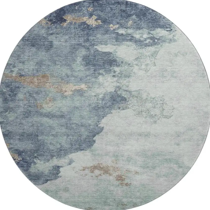 8' Pale Aqua And Taupe Abstract Washable Round Rug With UV Protection Photo 3