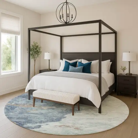 8' Pale Aqua And Taupe Abstract Washable Round Rug With UV Protection Photo 5