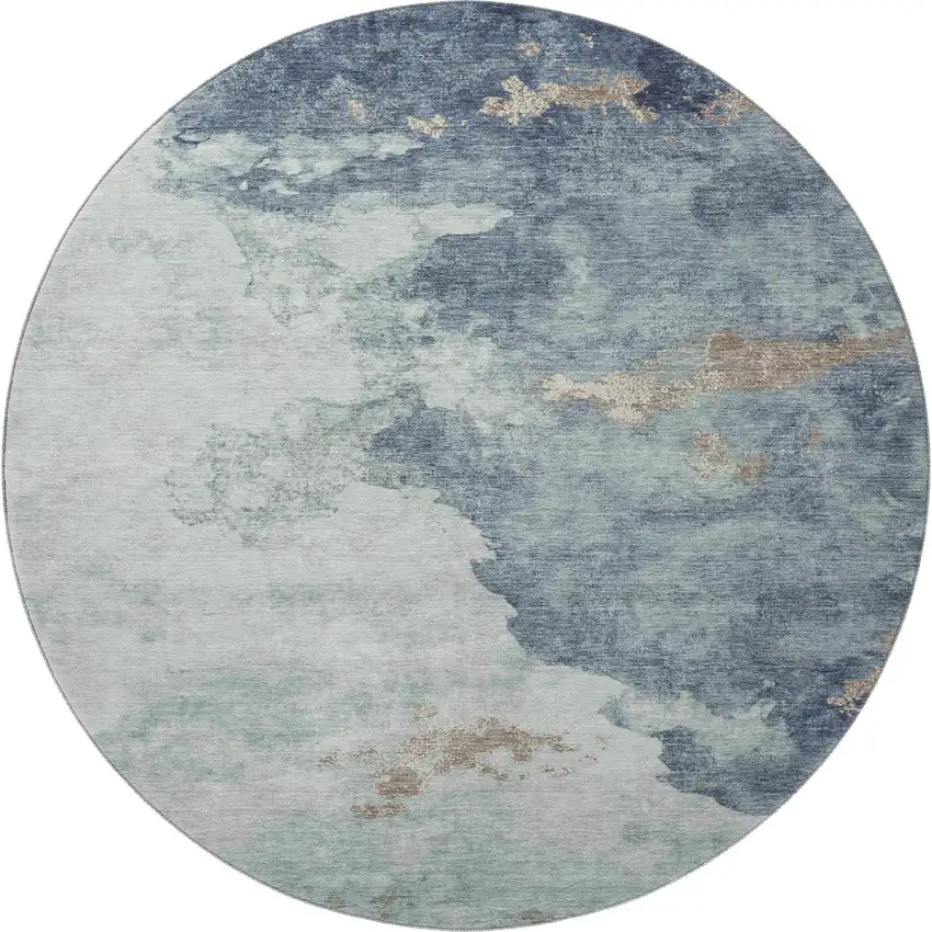 8' Pale Aqua And Taupe Abstract Washable Round Rug With UV Protection Photo 4