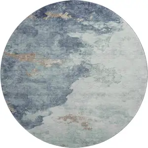 Photo of 8' Pale Aqua And Taupe Abstract Washable Round Rug With UV Protection