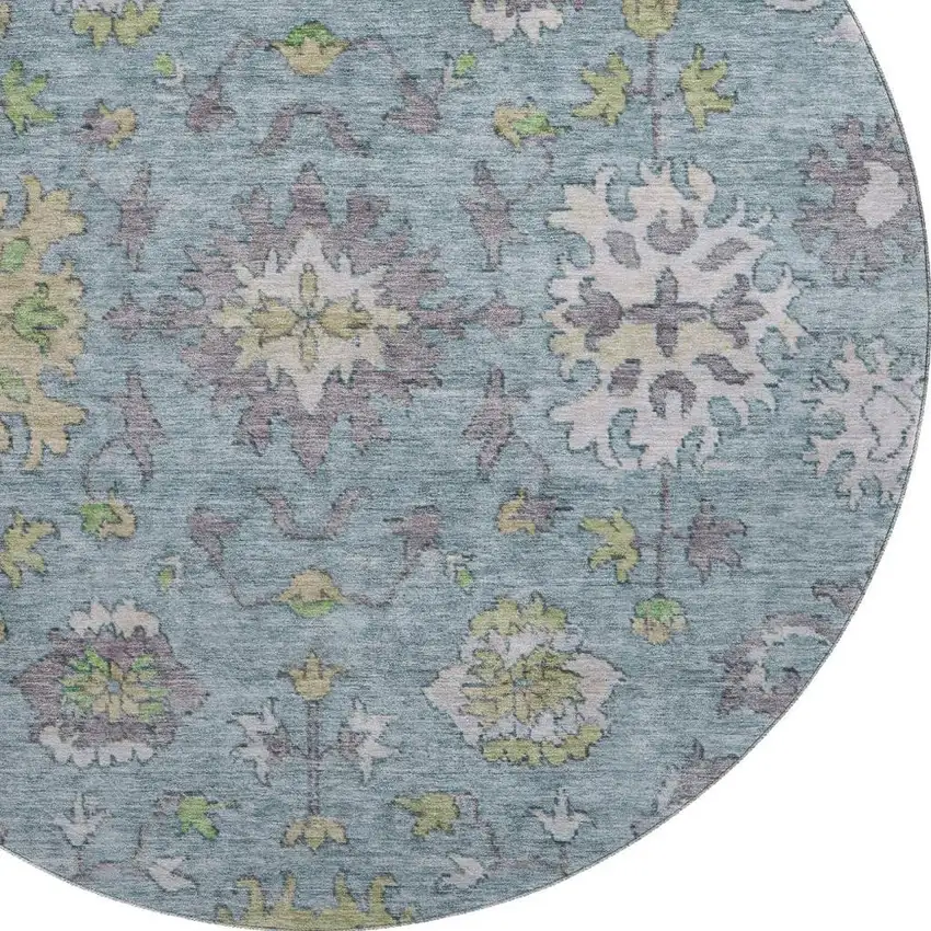 8' Pale Aqua And Teal Oriental Washable Round Rug With UV Protection Photo 6
