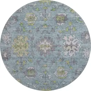 Photo of 8' Pale Aqua And Teal Oriental Washable Round Rug With UV Protection