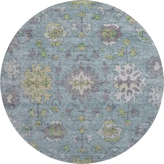 8' Pale Aqua And Teal Oriental Washable Round Rug With UV Protection Photo 1