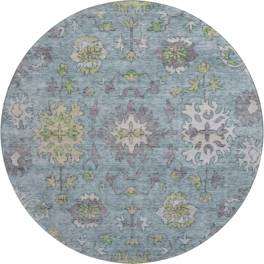 8' Pale Aqua And Teal Oriental Washable Round Rug With UV Protection Photo 1