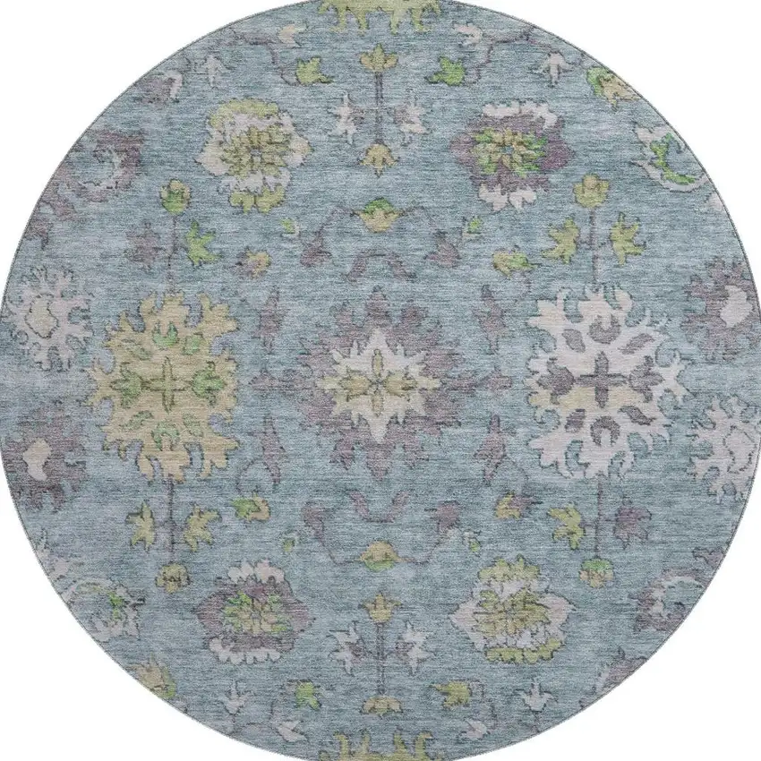8' Pale Aqua And Teal Oriental Washable Round Rug With UV Protection Photo 3