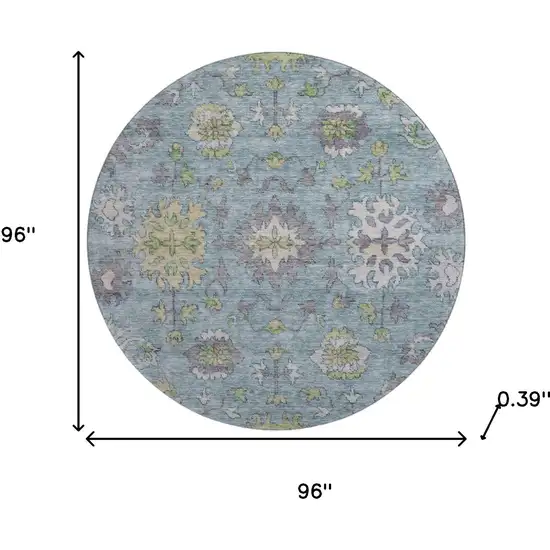 8' Pale Aqua And Teal Oriental Washable Round Rug With UV Protection Photo 9