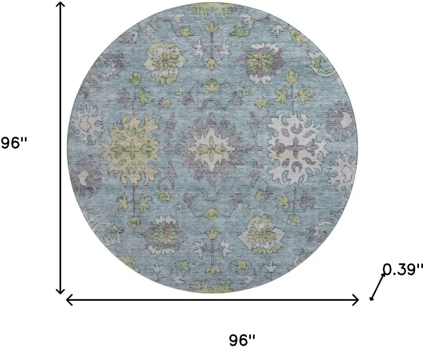 8' Pale Aqua And Teal Oriental Washable Round Rug With UV Protection Photo 9