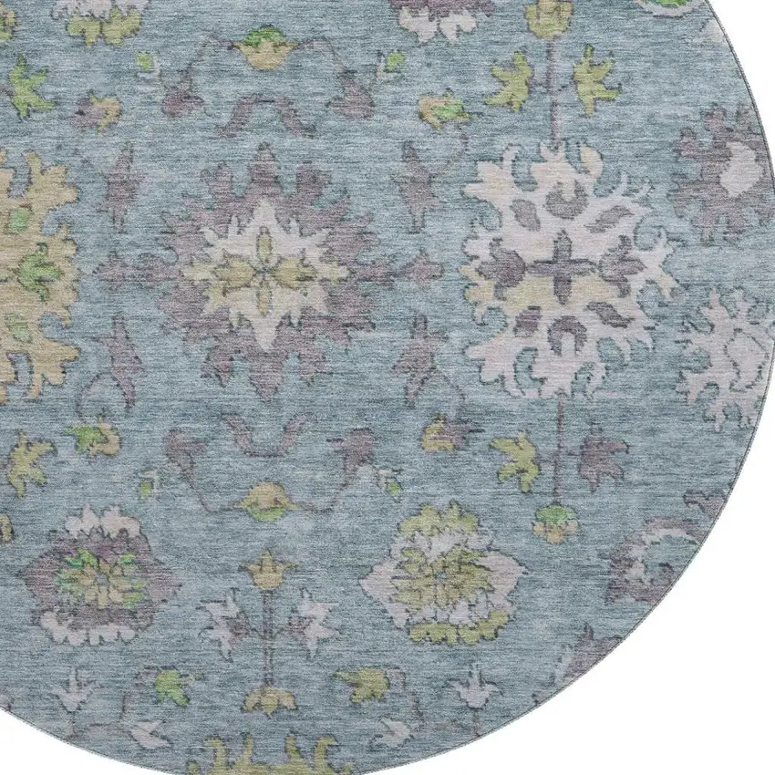 8' Pale Aqua And Teal Oriental Washable Round Rug With UV Protection Photo 4