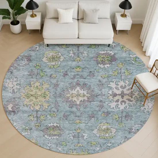 8' Pale Aqua And Teal Oriental Washable Round Rug With UV Protection Photo 5