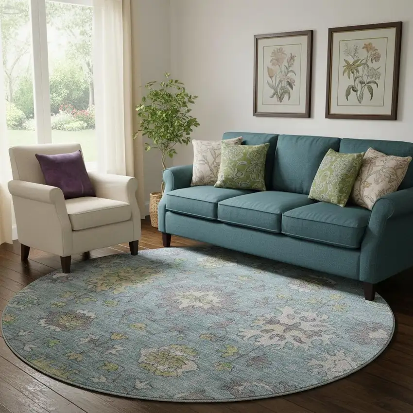 8' Pale Aqua And Teal Oriental Washable Round Rug With UV Protection Photo 2