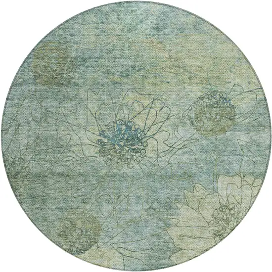 8' Pale Aqua And Wheat Round Floral Washable Indoor Outdoor Area Rug Photo 2