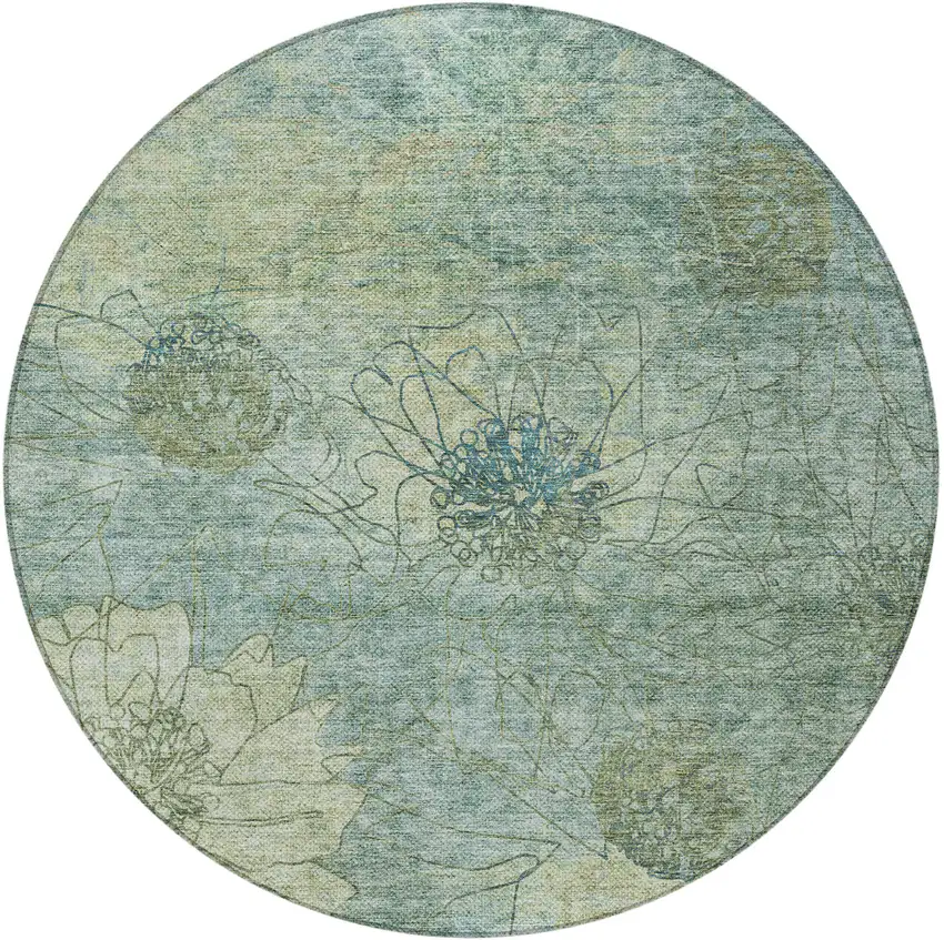 8' Pale Aqua And Wheat Round Floral Washable Indoor Outdoor Area Rug Photo 4
