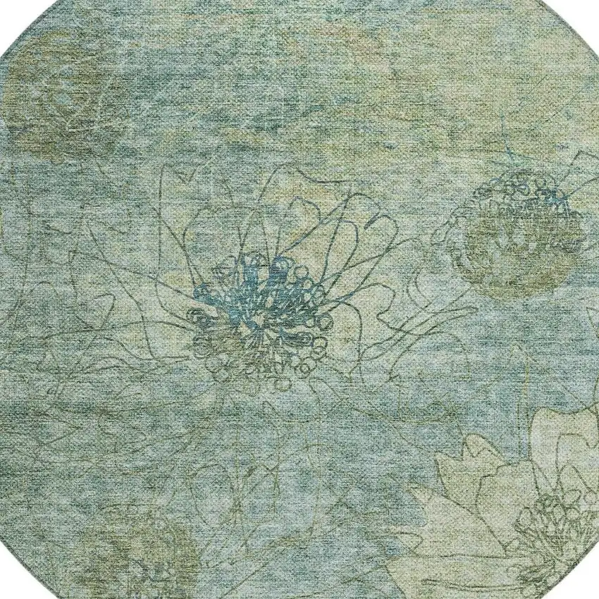 8' Pale Aqua And Wheat Round Floral Washable Indoor Outdoor Area Rug Photo 7
